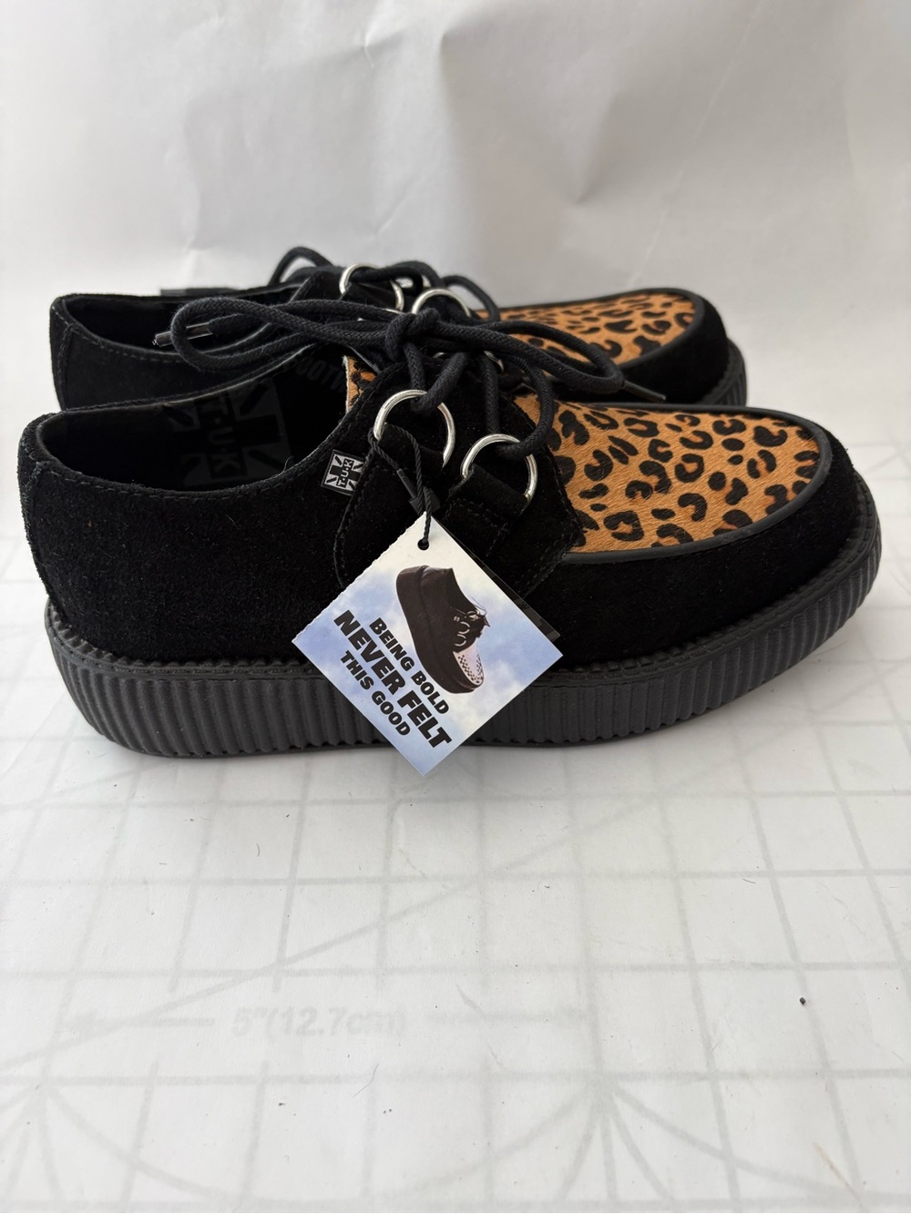 TUK Black Viva Creepers Black Leather Suede wi Leopard Print Cow Fur Black NWT - Picture 2 of 6